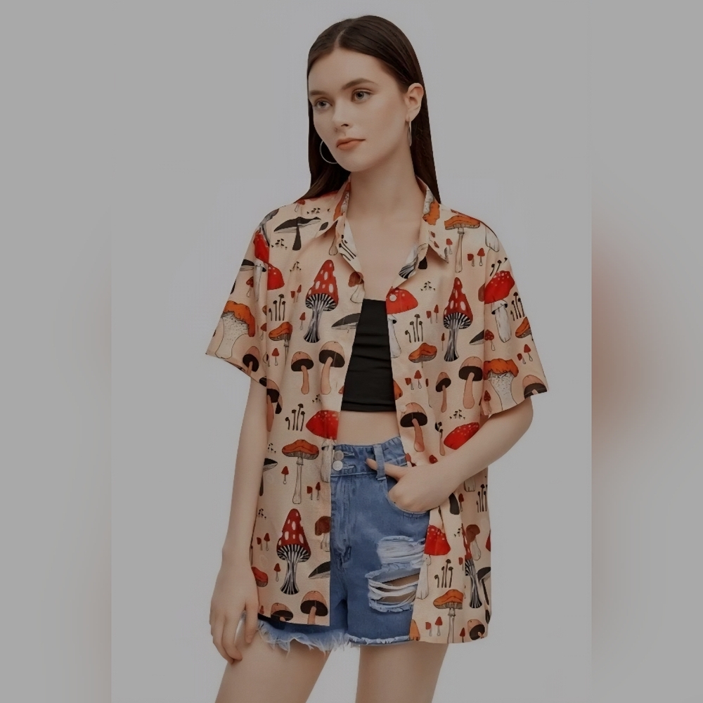 SHEIN Beige Mushroom Print Button Down Shirt